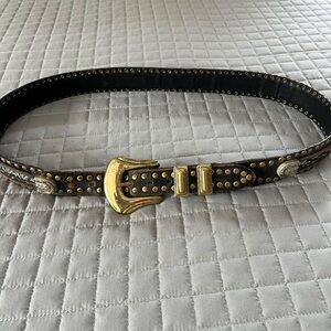 Studded Black Leather Belt with Gold Buckle